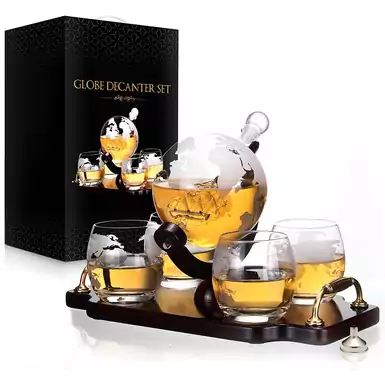 World Etched Globe Decanter Carafe Set