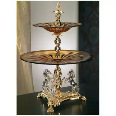 Crystal amber fruit bowl on a base, decorated with figurines of horses by Cre Art