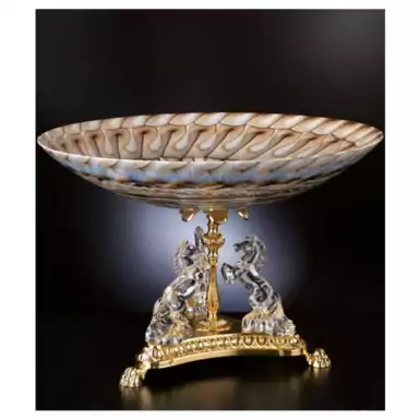 Crystal plate on a base, decorated with figures of horses by Cre Art