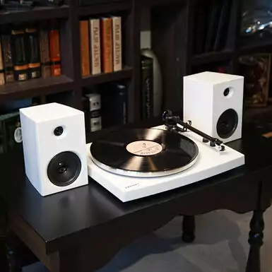 "T150C Shelf System White" vinyl music system by Crosley