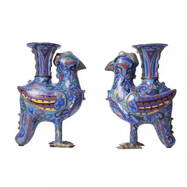 Pair of rare candlesticks in the form of birds in the cloisonne technique, turn of the 19th-20th centuries