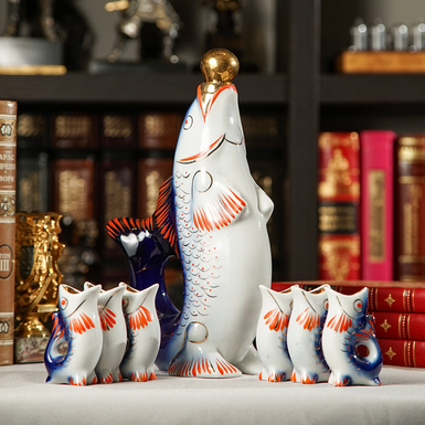 Porcelain service (decanter and stacks) "Amazing fish" with gilding for 6 persons