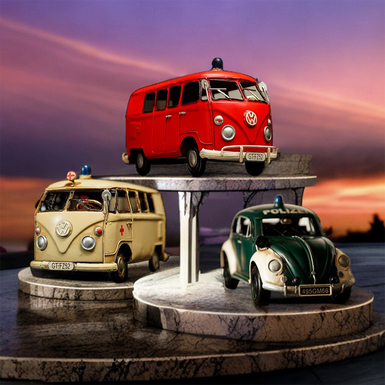 Nitsche VW-Bus Feuerwehr, VW Käfer Polizei and VW Bulli Krankenwagen, second half of the 20th century metal model kit (retro styled)