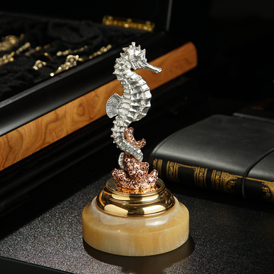 Figurine «Seahorse» with copper plating, silvering, patination, 24 carat gold and marble by Evgenia Epura