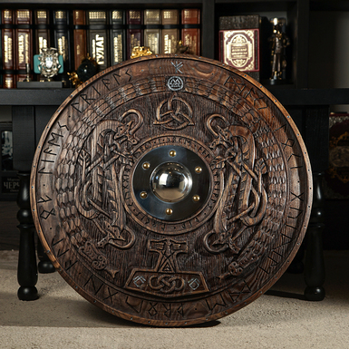 Handmade wooden Viking shield "Norse runes" by Topor & Molot