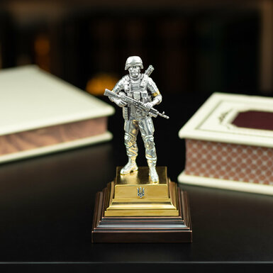 Polyester resin figurine "Warrior of the ZSU" with copper plating, silver plating, gilding and patination by Yevgeniy Yepura