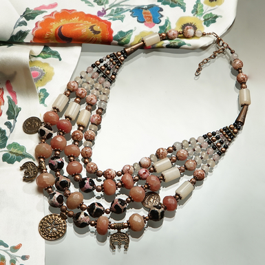 Necklace "Unbreakable" 4-row made of rubellite, agate and quartz