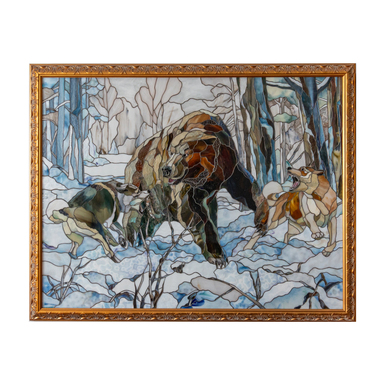 Stained glass painting "Hunter's dogs and a bear" from GLASS ART