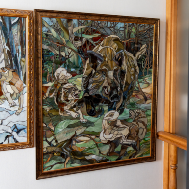 Stained glass painting "Boar and hunting dogs" from GLASS ART