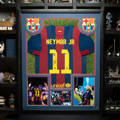 Autograph on the game jersey of the Brazilian National Team football player Neymar with a collage