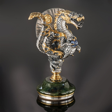 Silver stamp "Dragon" (black diamonds, sapphire, jade) by Lobortas