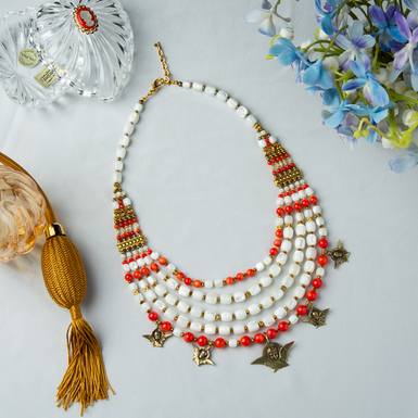 Necklace "Blood with milk" 5-row made of mother-of-pearl and coral