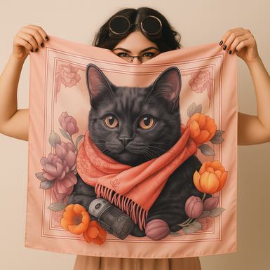 Shawl made of natural silk "Стімпанк кіт" by Fama (limited collection, 65х65 см)