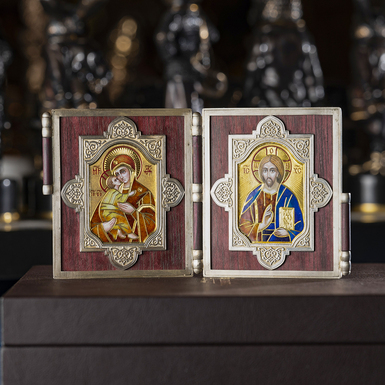 Travel icon "Diptych" (silver, jewelry enamel, wood) by Lobortas