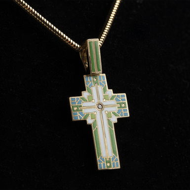 Body cross "Blessed Willow" in gold 750, enamel with diamond 0.01 carat by Lobortas
