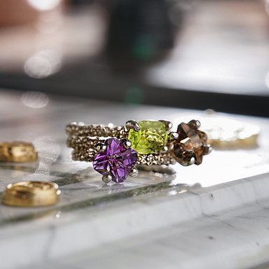 Silver set of three rings "Bouquet of Mood" 925 with rauch topaz, olivine and amethyst from Fama Jewelry House