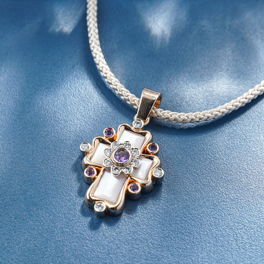 Lobortas Diamonds, Amethysts and Mother of Pearl "Pearl Grace" Body Cross in Gold