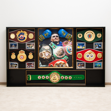 Oleksandr Usyk's autograph on boxing gloves in a collage with IBO, IBF, WBC, WBA, WBO belts (size: 2.05 x 1.25 x 0.15 m, weight: 90 kg)