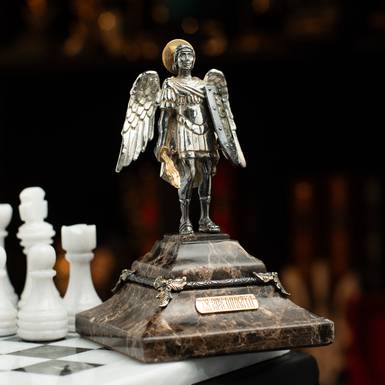 Statuette of Archangel Michael on a marble pedestal made of brass "Pandora", with gilding and silver