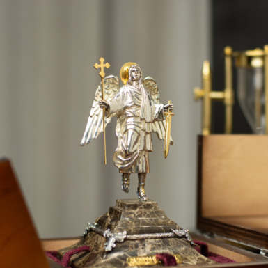 Statuette «Guardian Angel» on a marble pedestal made of brass "Pandora", gilding, silver
