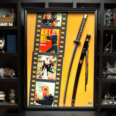 Certified autograph of actress Uma Thurman as Beatrix Kiddo in the movie "Kill Bill" in a collage with photos and a katana (75х106 cm)