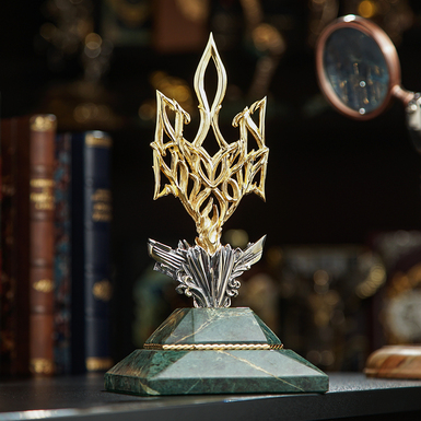 Author's statuette Coat of Arms of Ukraine Trident (25 cm) on a marble pedestal made of brass "Pandora", with gilding and silver plating