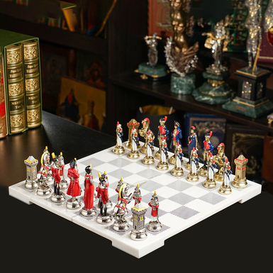 Elite chess set "Napoleon Imperium" (white) with marble board and metal pieces from Italfama