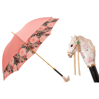 Walking umbrella with enameled brass handle "Pink horse" by Pasotti