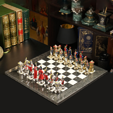 Handmade chess set with wooden board and metal figures "Napoleon" by ITALFAMA
