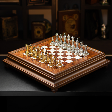 Handmade chess set with wooden board and gold and silver plated pieces "Flowery" by ITALFAMA
