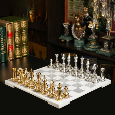 Handmade chess set with marble board and gold and silver plated pieces "The Queen's Gambit" by ITALFAMA