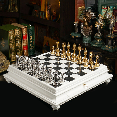Chess set "Fractious" with handcrafted wooden board with marble finish and metal pieces with gold and silver finish by ITALFAMA