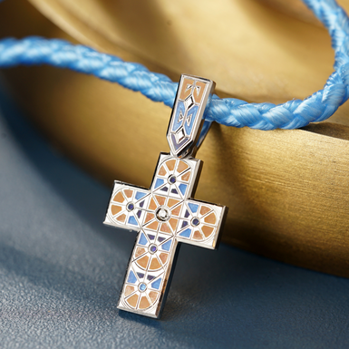 Silver pectoral cross with diamond and enamel by Lobortas