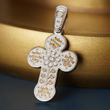 Silver pectoral cross with diamond "Flowers" by Lobortas