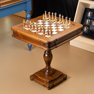 "Ludere" chess table with handmade wooden board, metal pieces and backgammon inside from ITALFAMA