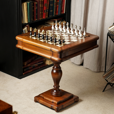"Dominor" chess table with handmade wooden board, metal pieces and backgammon inside from ITALFAMA