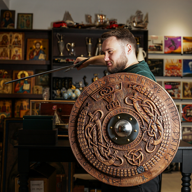 Gift set - Wooden Viking shield handmade "Norse runes" by Topor & Molot and Exclusive sword made of black steel "Millennium" by Topor & Molot