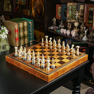 3-in-1 game set (chess, checkers, backgammon) "Sea Kingdom" with handmade leather board and themed figures from ITALFAMA