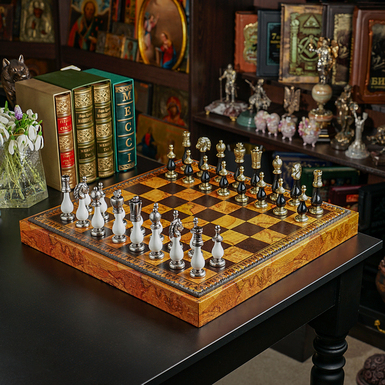 3-in-1 game set (chess, checkers, backgammon) "Avenel" with handmade leather board and metal figures from ITALFAMA