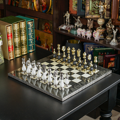 Chess set "Thalos" with wooden board and metal pieces from ITALFAMA