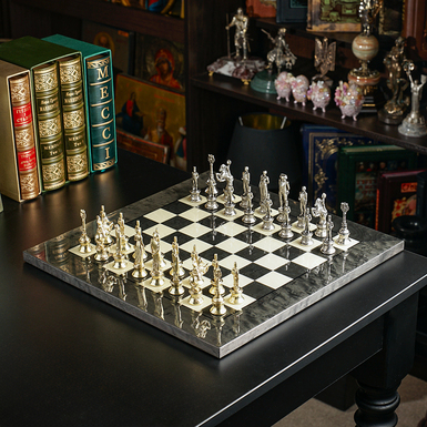 Chess set "Grande Armée" with wooden board and metal pieces from ITALFAMA