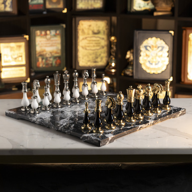 Chess set "Calva" with marble board and metal pieces from ITALFAMA