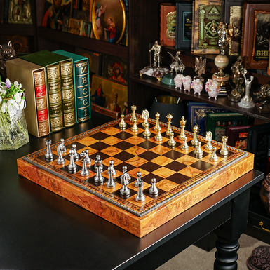 3-in-1 game set (chess, checkers, backgammon) "Orien" with handmade leather board and metal figures from ITALFAMA