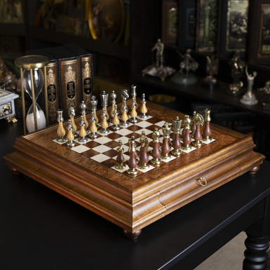 Chess set "Grain" with wooden board and metal pieces from ITALFAMA