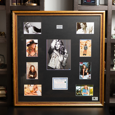 Certified autograph of actress Jennifer Aniston with photo collage