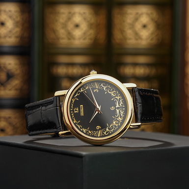 Wristwatch "Black gold" made of Damascus steel and gold plating by Anframa brand