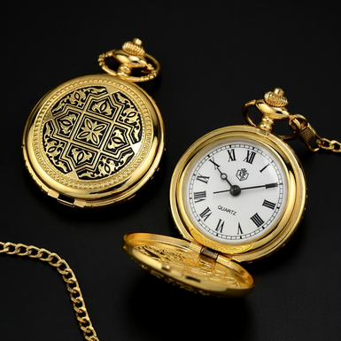Pocket watch "Seconds" made of Damascus steel and gold plating by Anframa brand