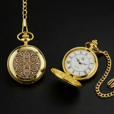 Pocket watch "Treasure" made of Damascus steel and gold plating by Anframa brand