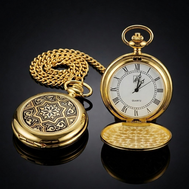 Pocket watch "Desire" made of Damascus steel and gold plating by Anframa brand