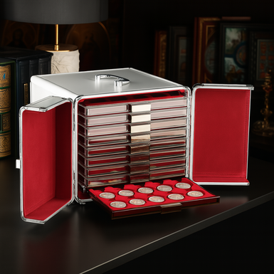 Metal case-cabinet for storing and transporting coins (up to 258 pieces) of various sizes from Leuchtturm (Germany)